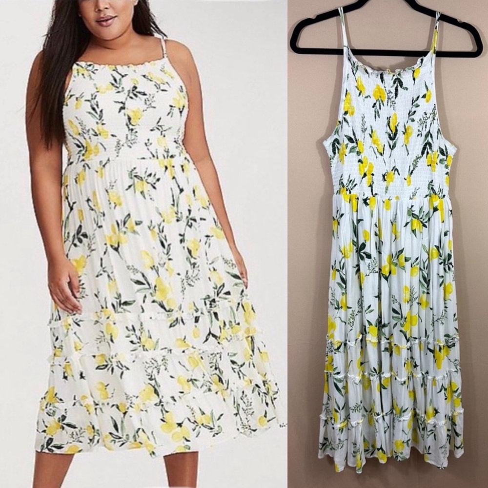 Torrid Smocked Midi Dress Sleeveless Lemon Print Size 1X